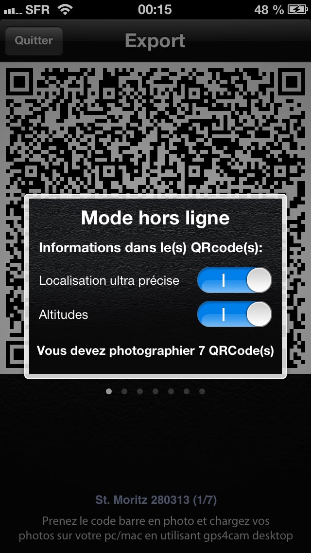 Application gps4cam Pro : affichage du nombre de QRCodes à photographier.