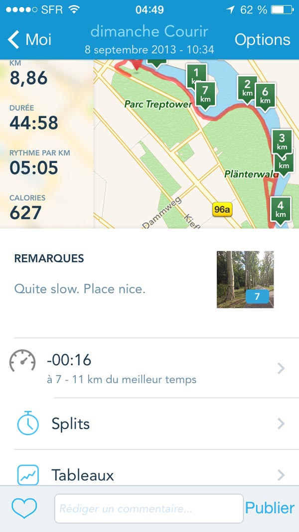 L'appli de sport RunKeeper : résumé d'une activité et tracé sur la carte.