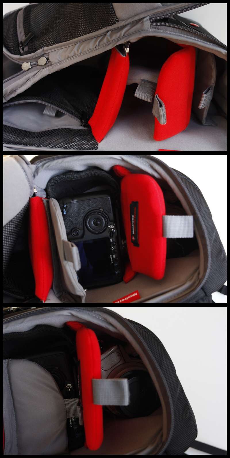 Vues du compartiment photo du Manfrotto Travel Backpack où peuvent loger un reflex monté d'un grand angle, un 70-200mm et un 85mm, Ph. Moctar KANE.