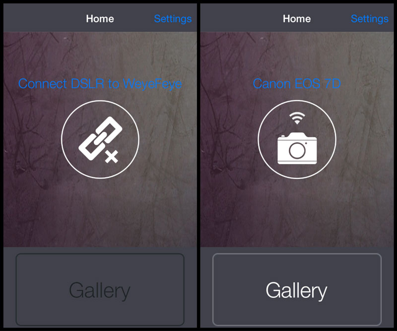 L'appli Weye Feye S (version iOS) avant et après la connexion à un reflex.