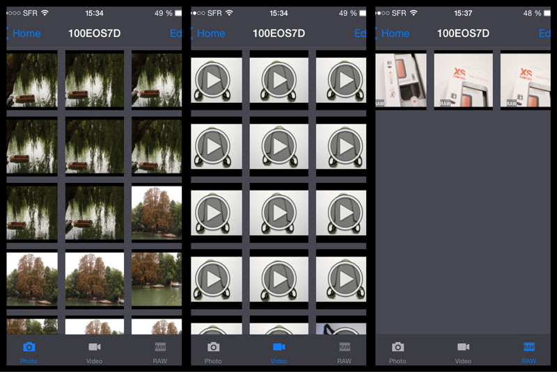 L'appli Weye Feye S (version iOS) : galeries des photos en jpeg, RAW et des vidéos.