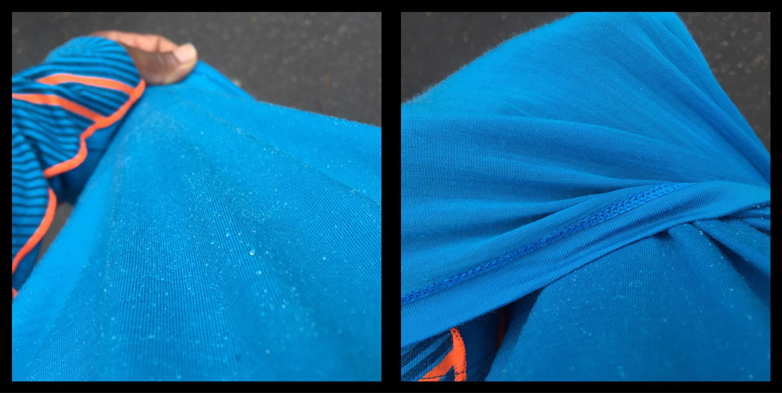 Le tee-shirt Icebreaker Drive Long Sleeve Half Zip, dont le traitement le protège de la pluie fine, Ph. Moctar KANE.