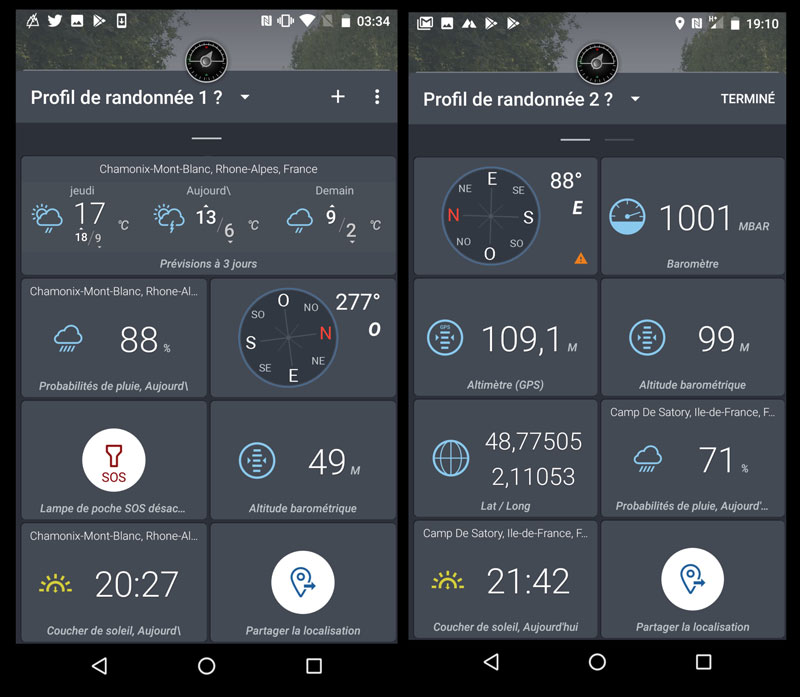 Captures d'écran de l'appli Tableau de bord intégrée dans le smartphone outdoor Land Rover Explore.